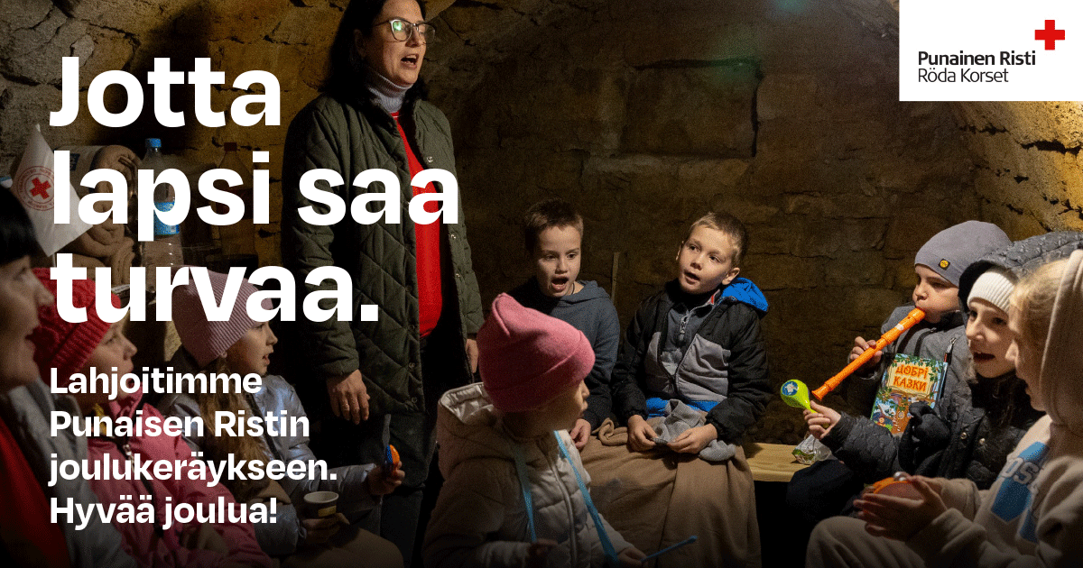 Finnish Red Cross Christmas collection banner: So that a child can be safe. We donated to the Red Cross Christmas collection. Merry Christmas!